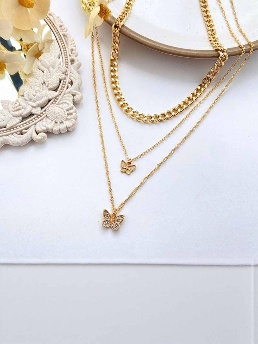DressBerry Women Butterfly Three Layered Gold-Plated Necklace
