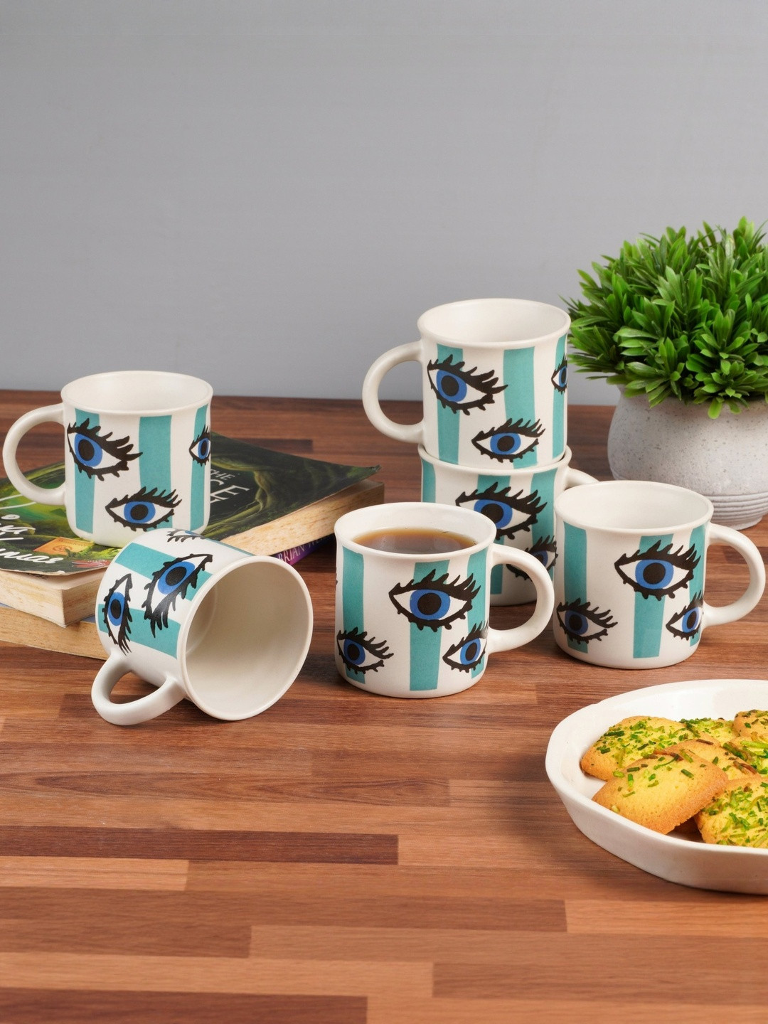 Ekaura Multi Colored Set Of 6 Vertical Stripes & Eye Motifs Ceramic Mug Set