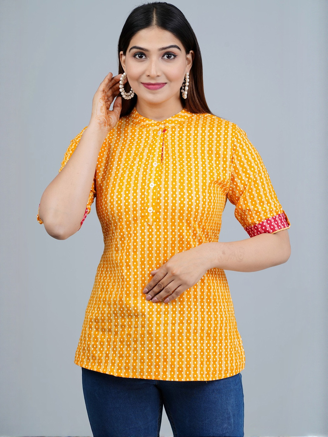 Indiwest Women Yellow Striped Printed Cotton Top