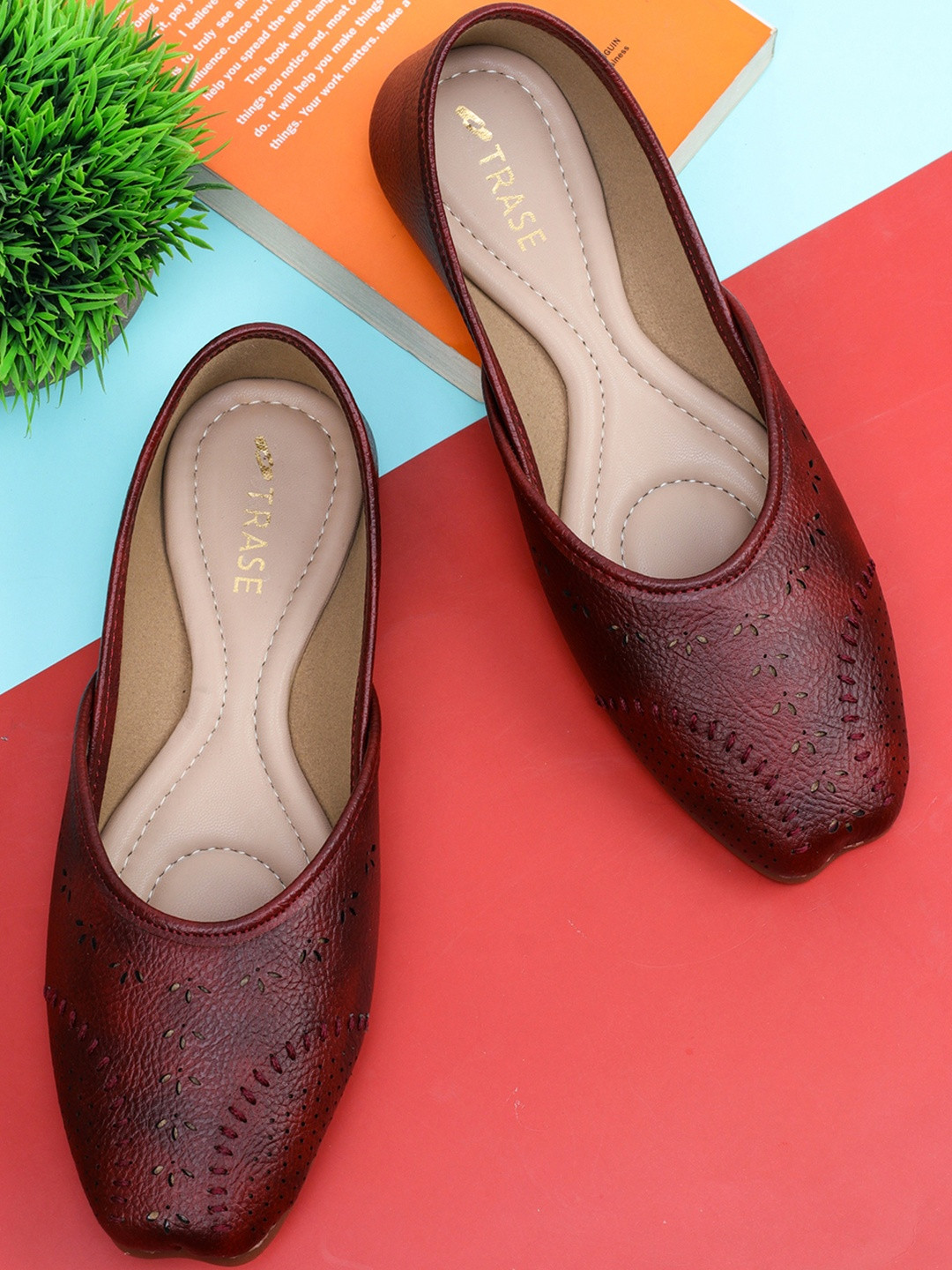 TRASE Women Maroon Solid Slip-On Square Toe Synthetic Flats juttis
