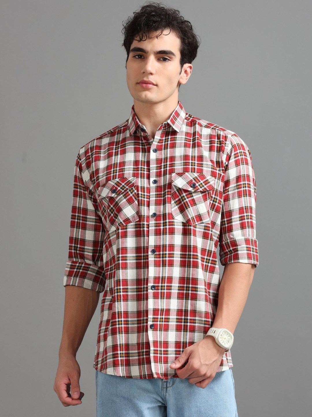 Kolor Fusion Men Maroon & White Checked Double Pocket Shirt