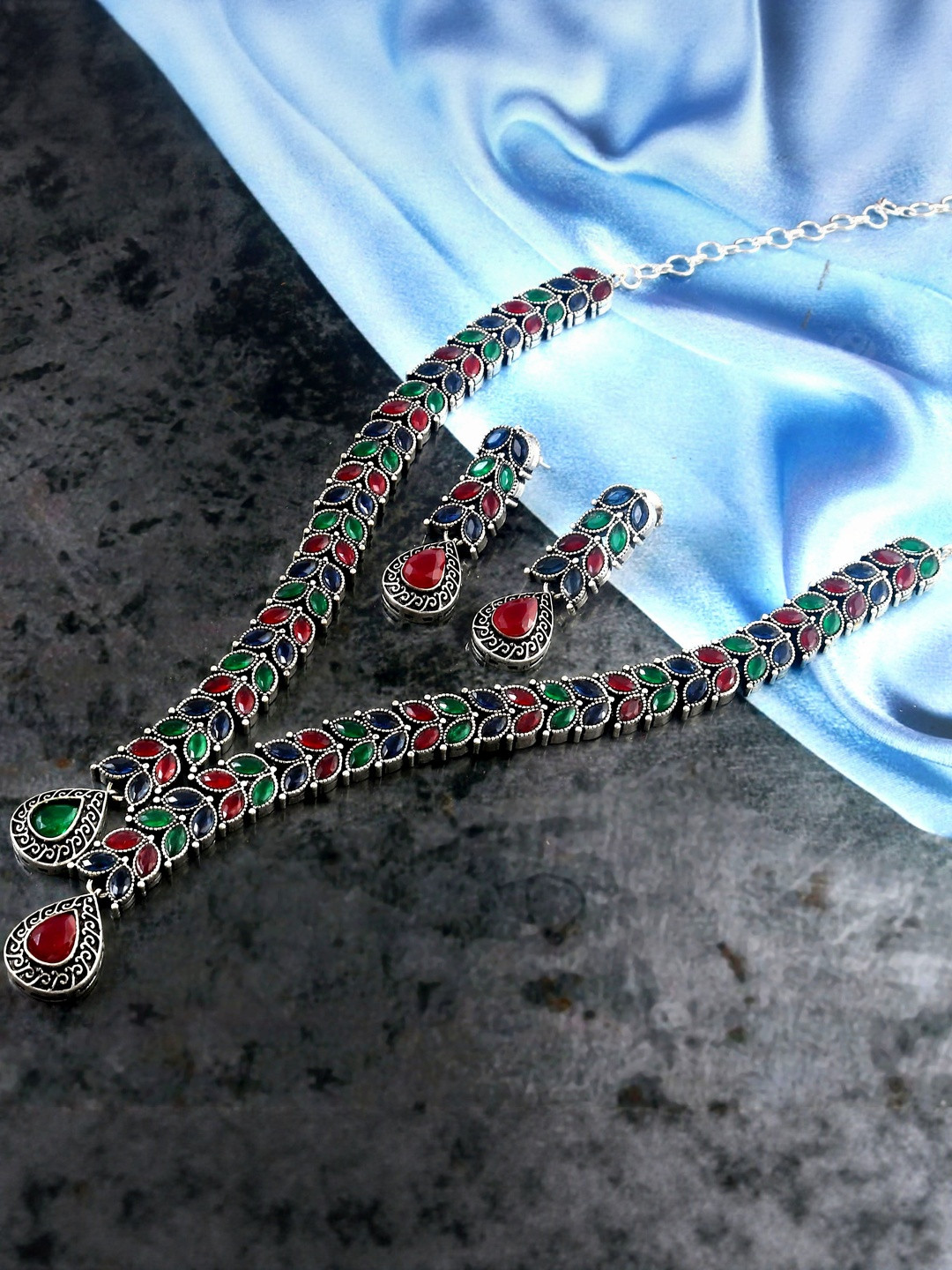 Tanusha Jewels Silver-Plated Artificial Stones Brass Jewellery Set