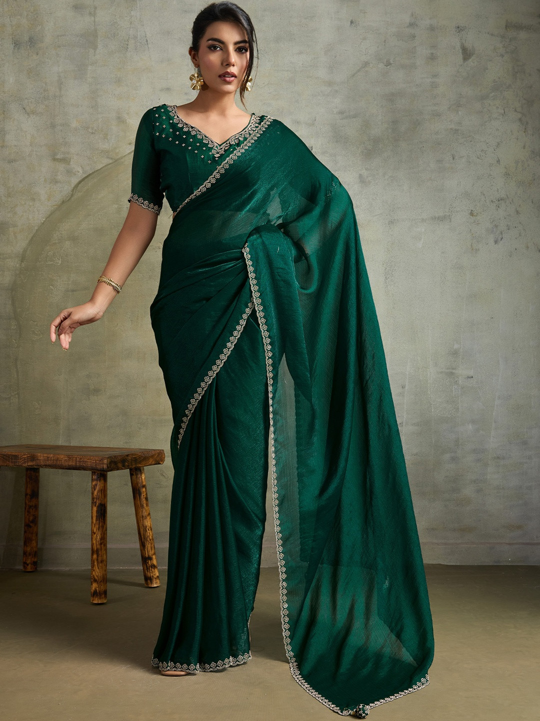 Sangria Women Green Embellished Chiffon Designer Saree