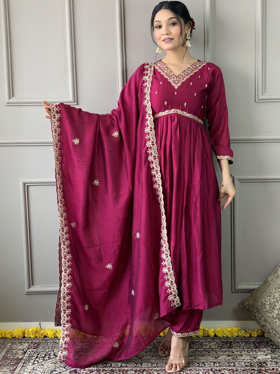 ATOXIC Women Embroidered Chanderi Silk Kurta & Pyjamas With Dupatta