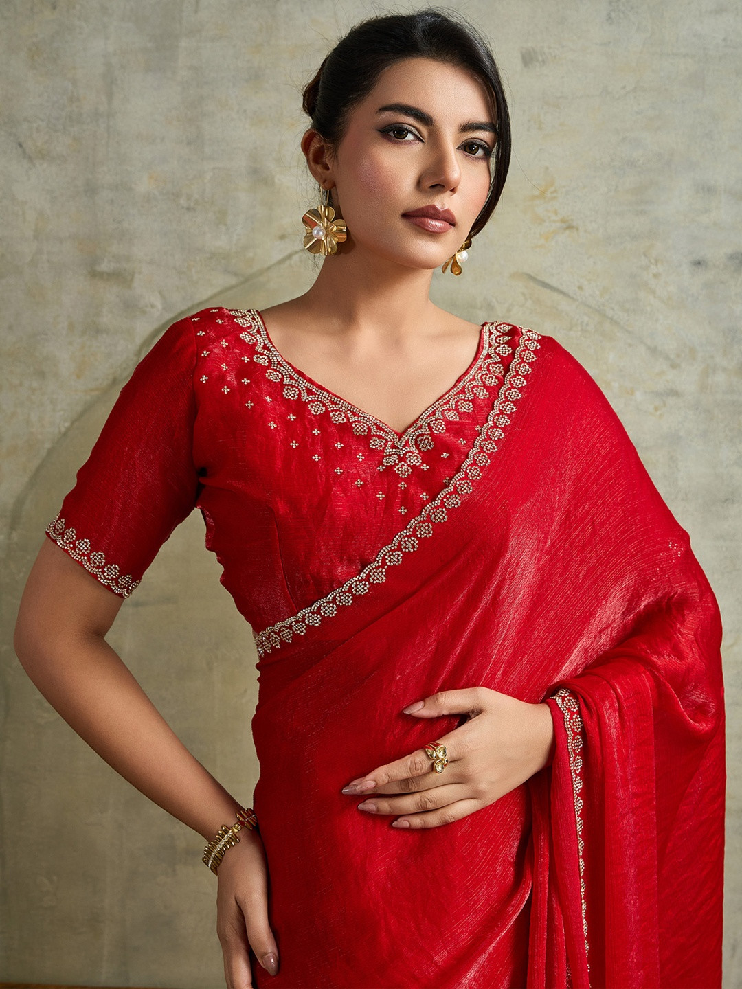 Sangria Women Red Chiffon Ethnic Embellished Party Wear Saree