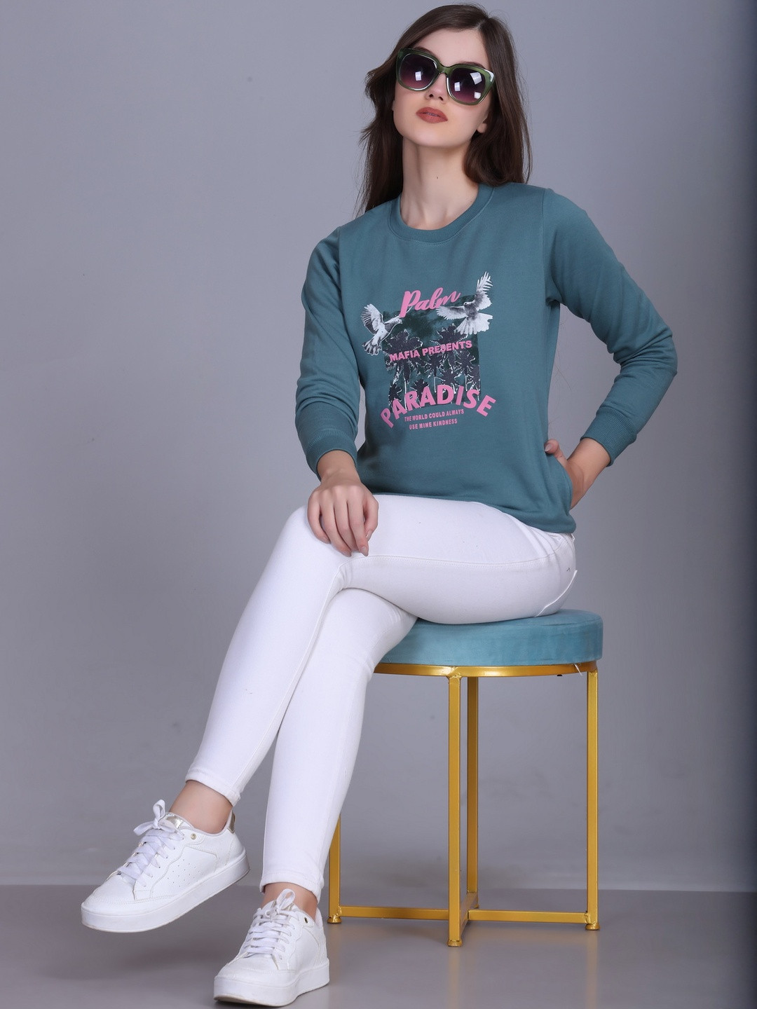 Roadster Women Teal Crew Neck Printed Casual Sweatshirt