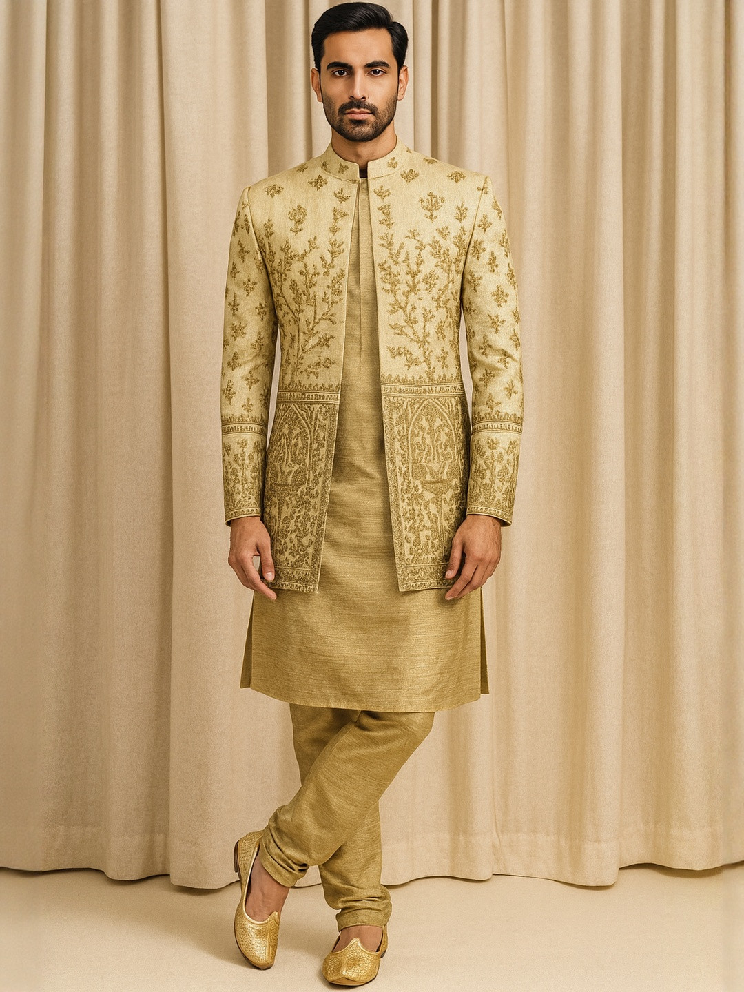 SHAHI ACHKAN Men Golden Mustard Embroidered Sherwani Set