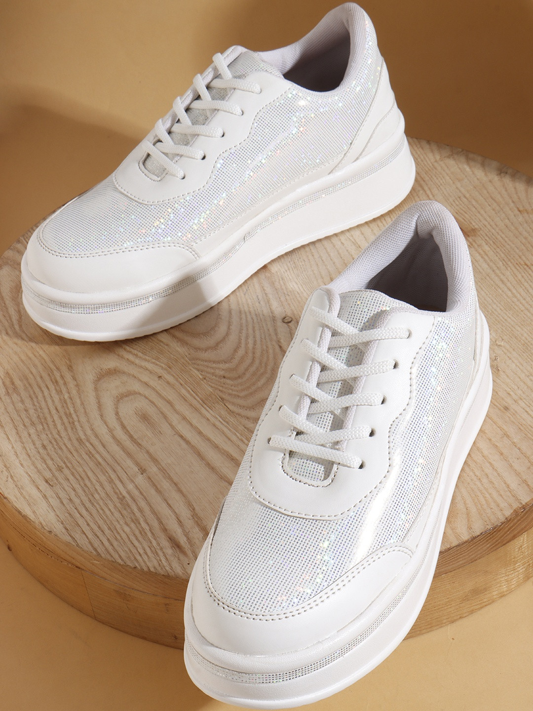 Denill Women White Glitter Mesh Platform Sneakers & Sparkling Lace-Up Casual Shoes