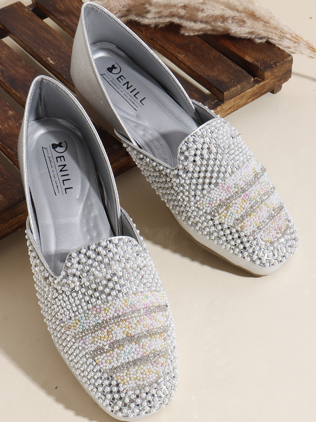 Denill Women Silver Embellished Pearl & Bead Detailing Slip-On Loafers Ballerinas