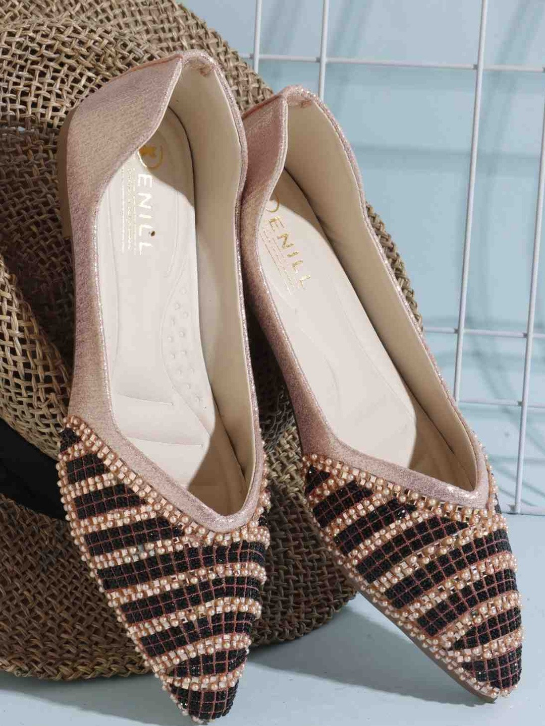 Denill Women Pointed Toe Pearls Embellished Stripe Design Bellerinas