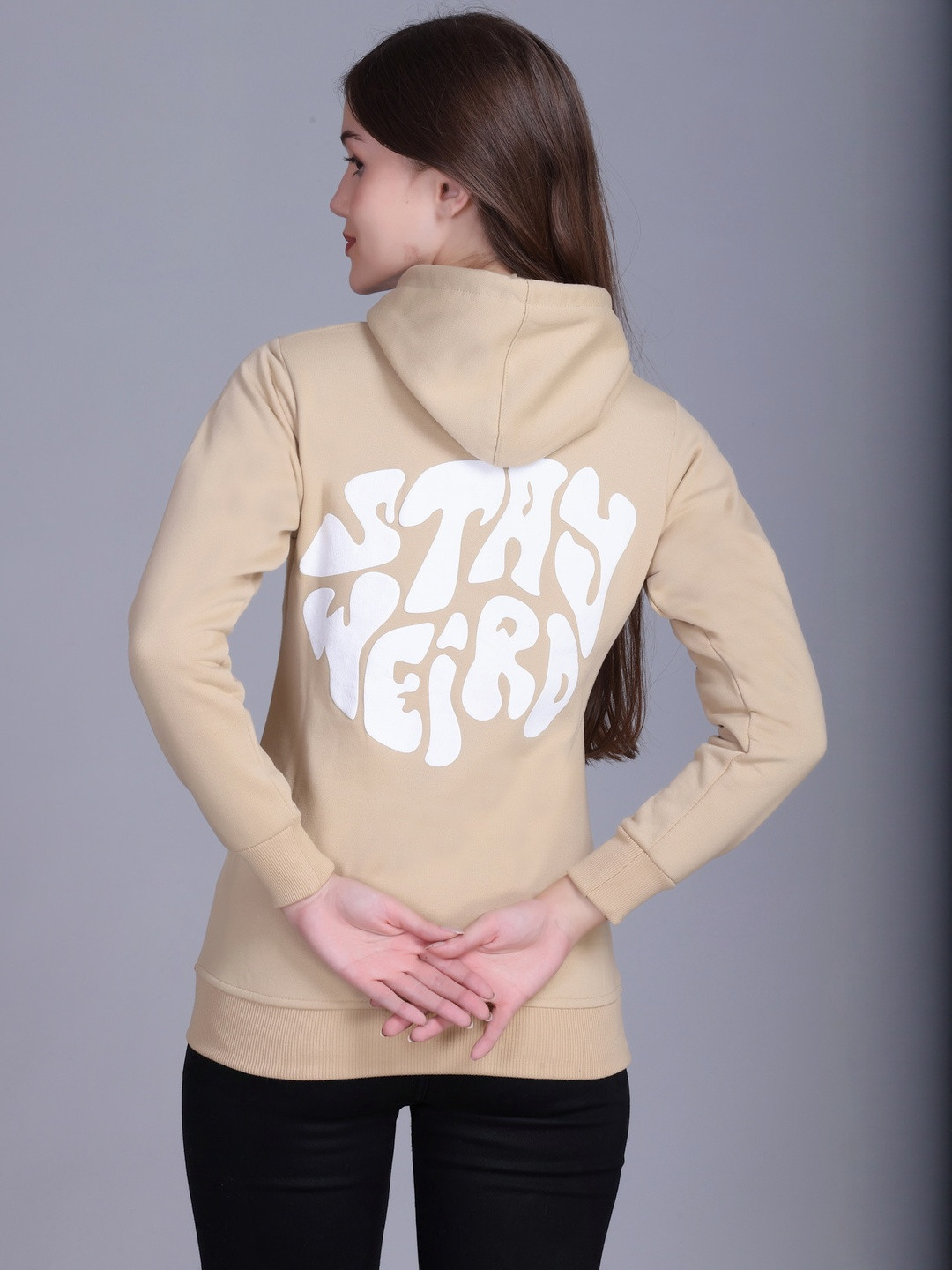 HERE&NOW Women's Beige Pullover Kangaroo Pocket & Minimal Chest Print Hoodie