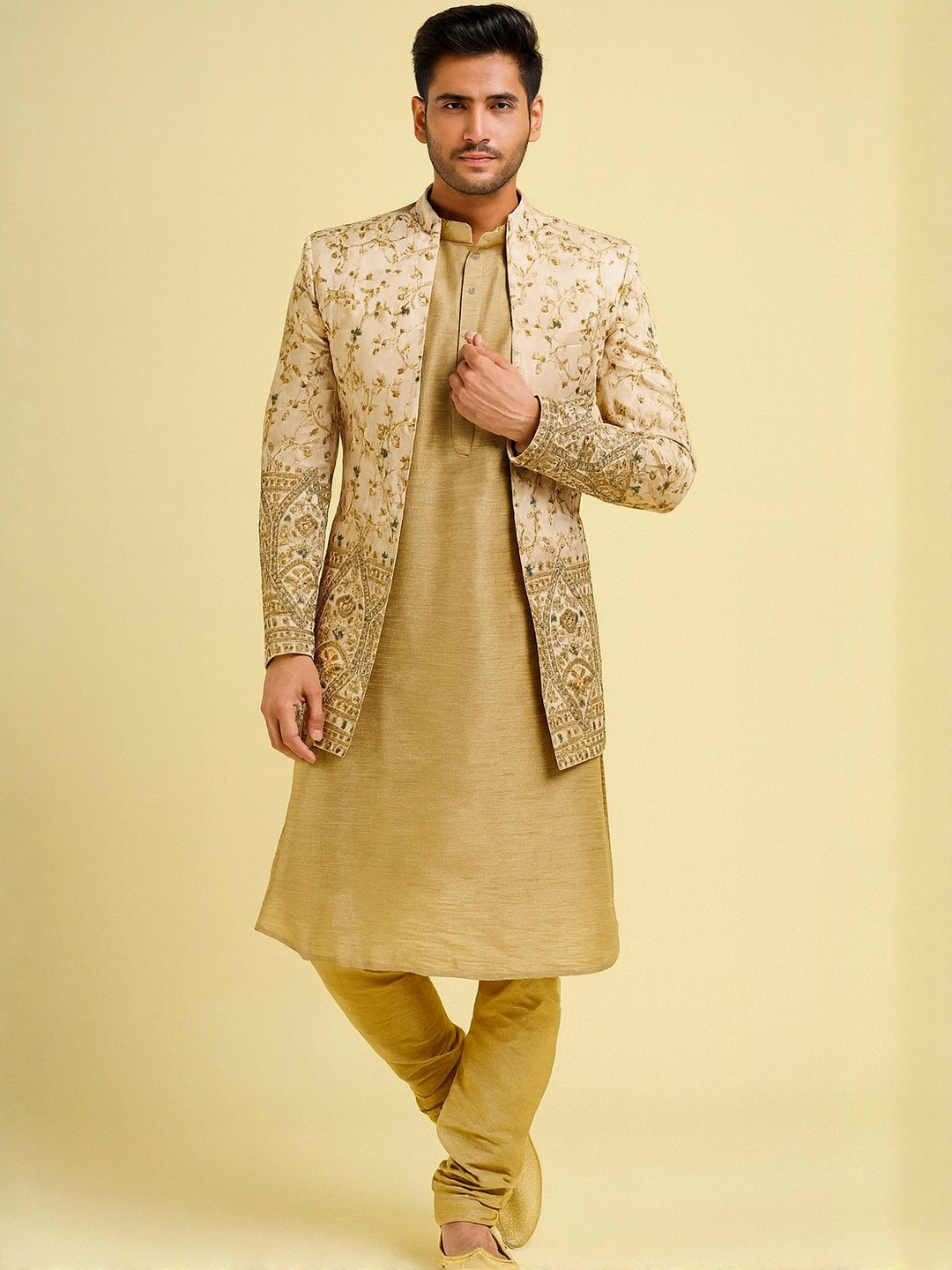 SHAHI ACHKAN Men Golden Beige Embroidered Sherwani Set