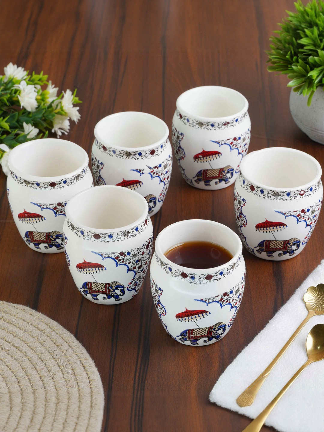 Ekaura Red & White Handcrafted Printed Ceramic Matte Cups Set of Cups and Mugs