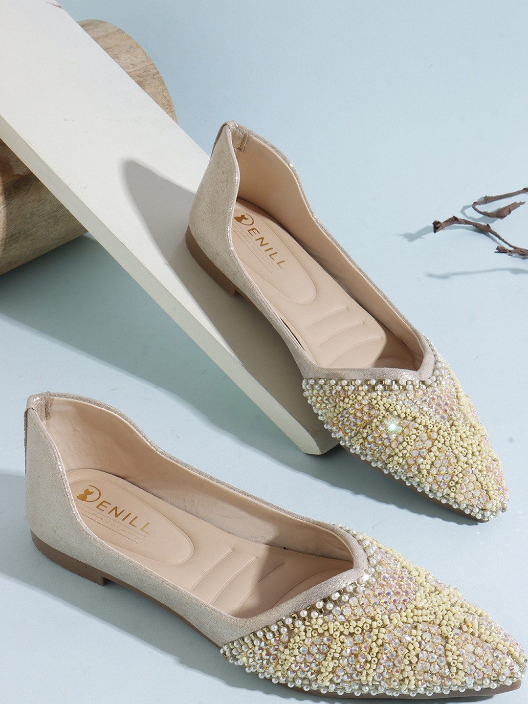 Denill Women Gold Embellished Synthetic Leather Pointed Toe with Beaded Ethnic Ballerinas