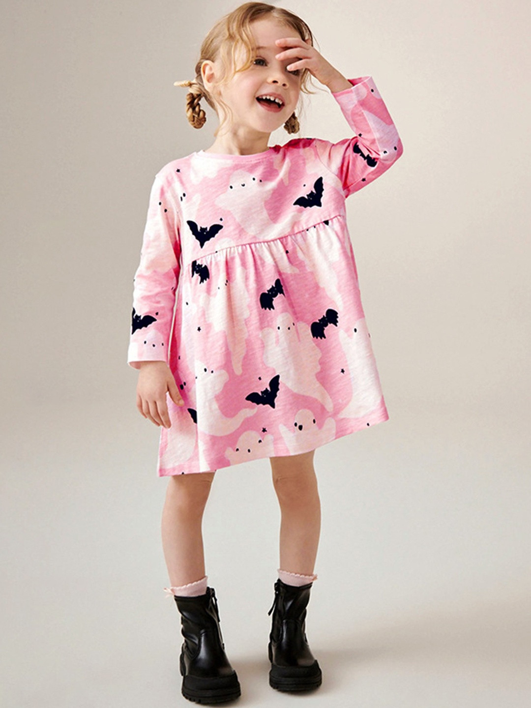 YK Girls Pink & White Ghost Print Fit & Flare Dress