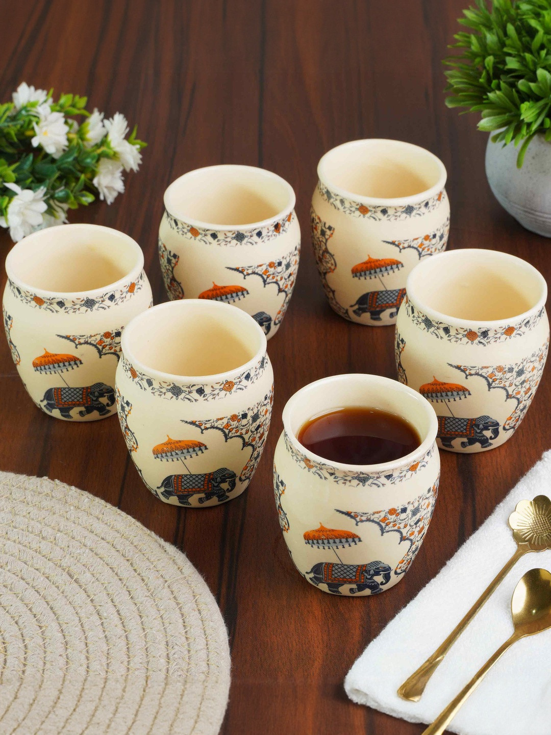 Ekaura Set of 6 White Royal Elephant Aesthetic Terracotta Microwave Safe Cups and Mugs