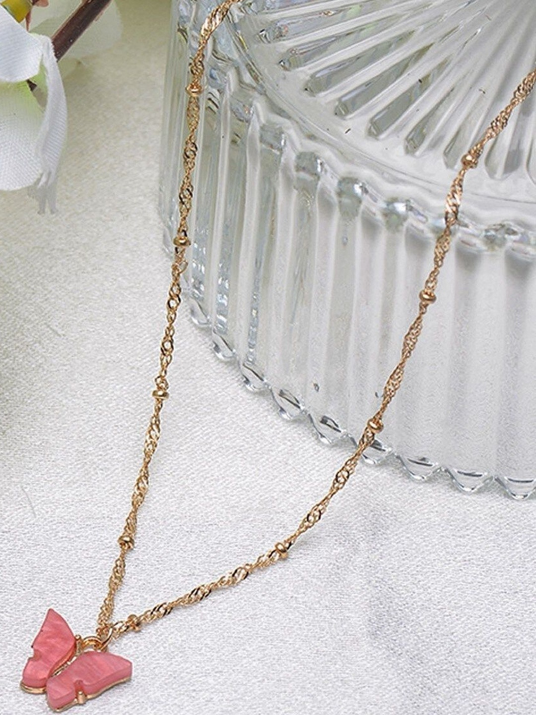 DressBerry Gold Plated Pink Butterfly Pendant Necklace