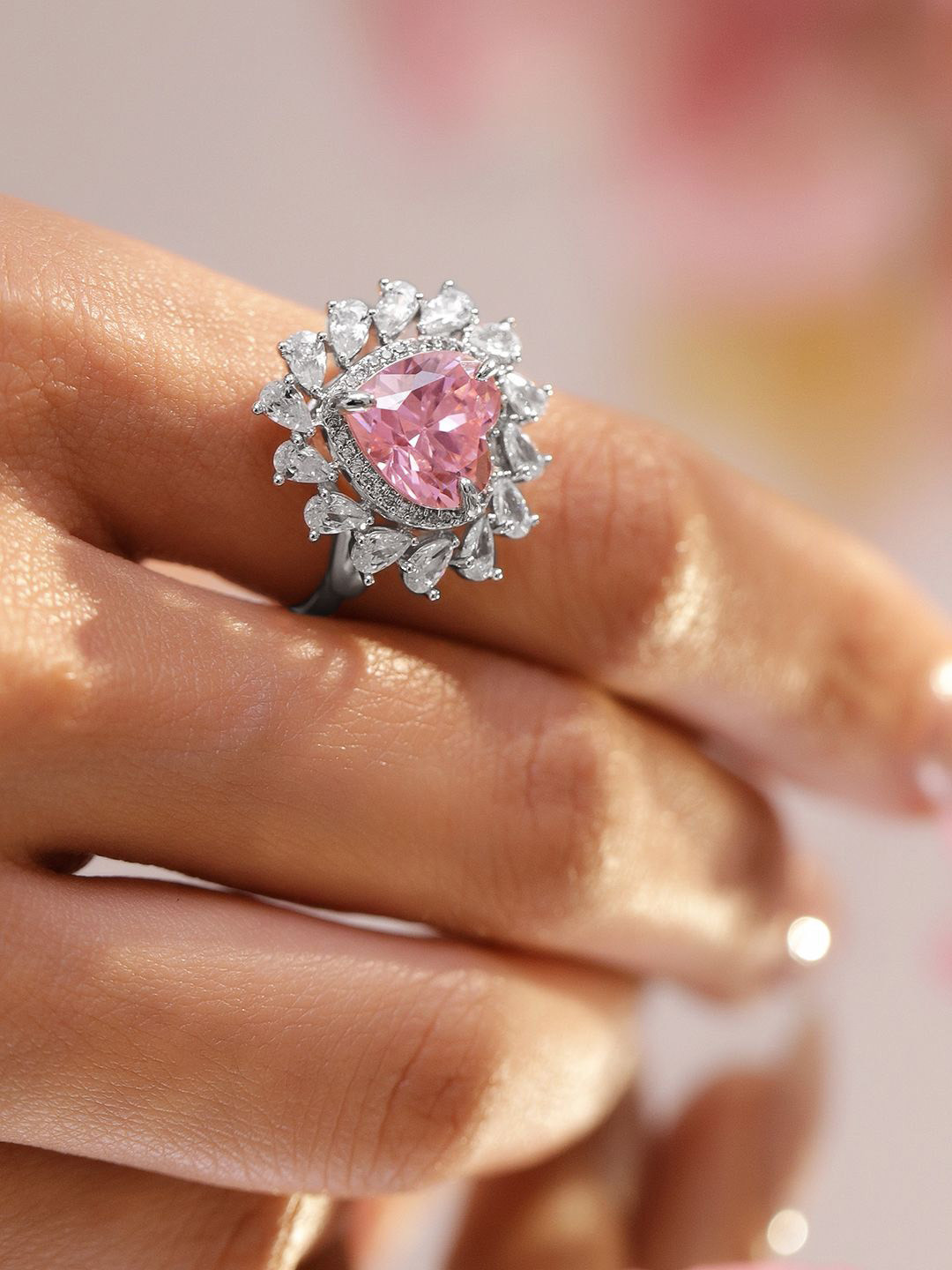 Rubans Rhodium-Plated Crystal Pink & Cubic Zirconia Heart Halo Adjustable Statement Ring