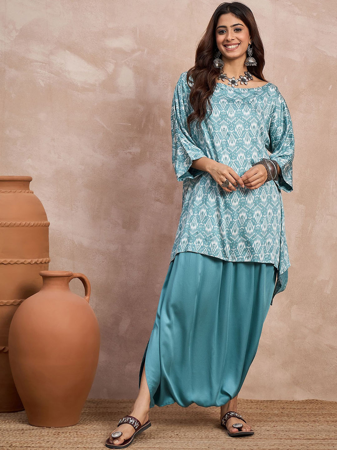 InWeave Ethnic Motifs Printed Boat Neck A-line Kurti With Dhoti Pants