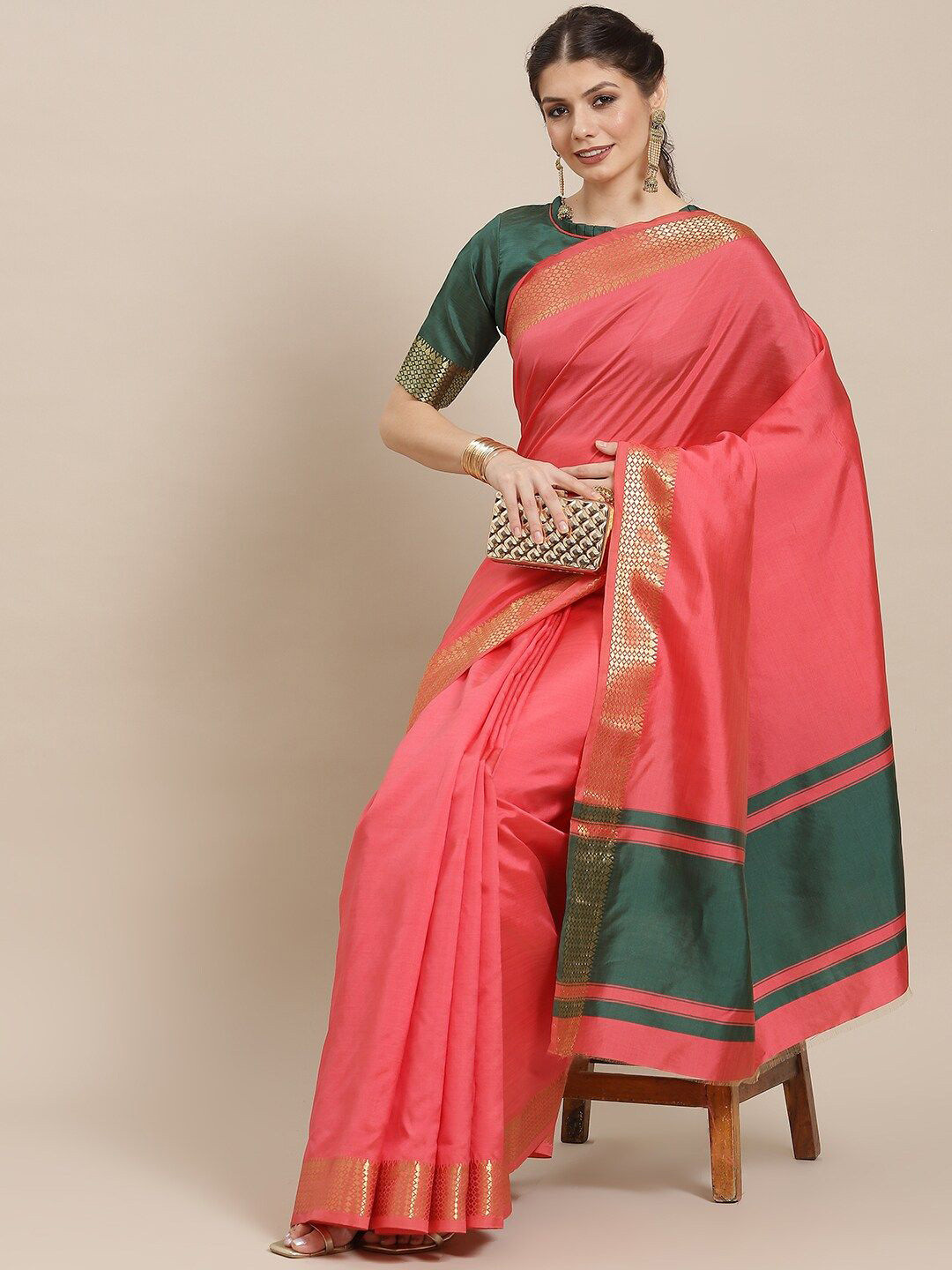 KAVINDI Woven Design Zari Banarasi Saree With Contrast Blouse classy Saree