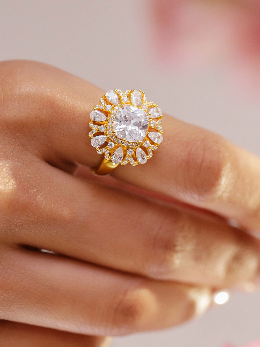 Rubans 18K Gold-Plated Adjustable Floral Statement Ring with Pear & Round Cubic Zirconia
