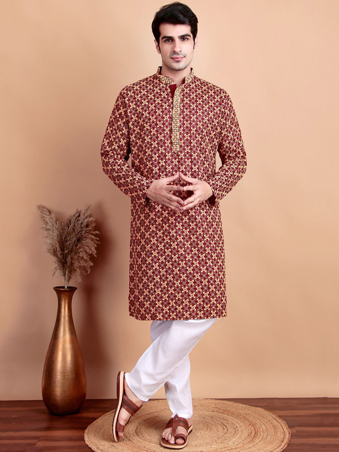 TREEMODA Geometric Printed Mandarin Collar Straight Kurta With Pyjamas