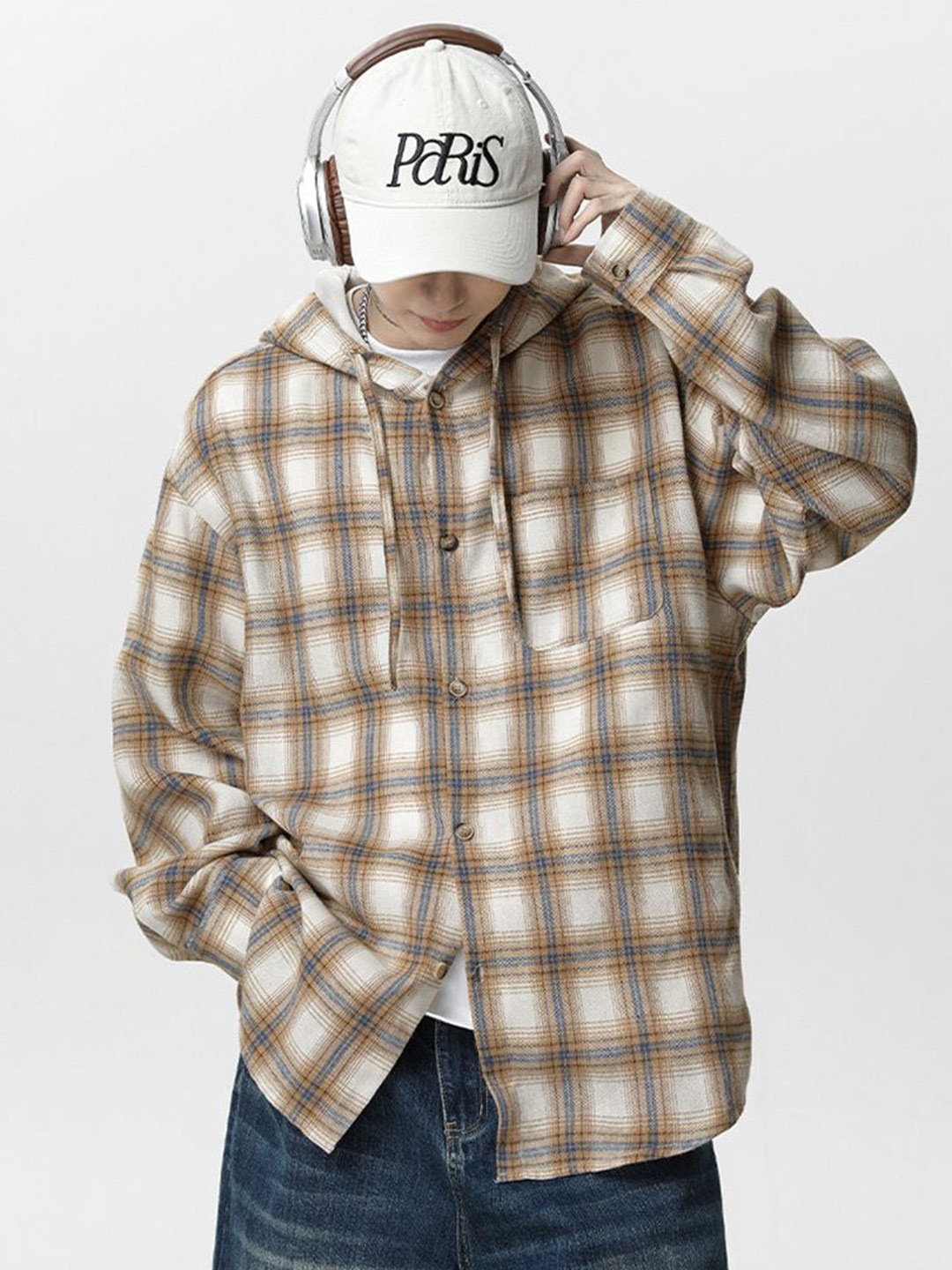 StyleCast x Revolte Tartan Checked Hooded Casual Shirt