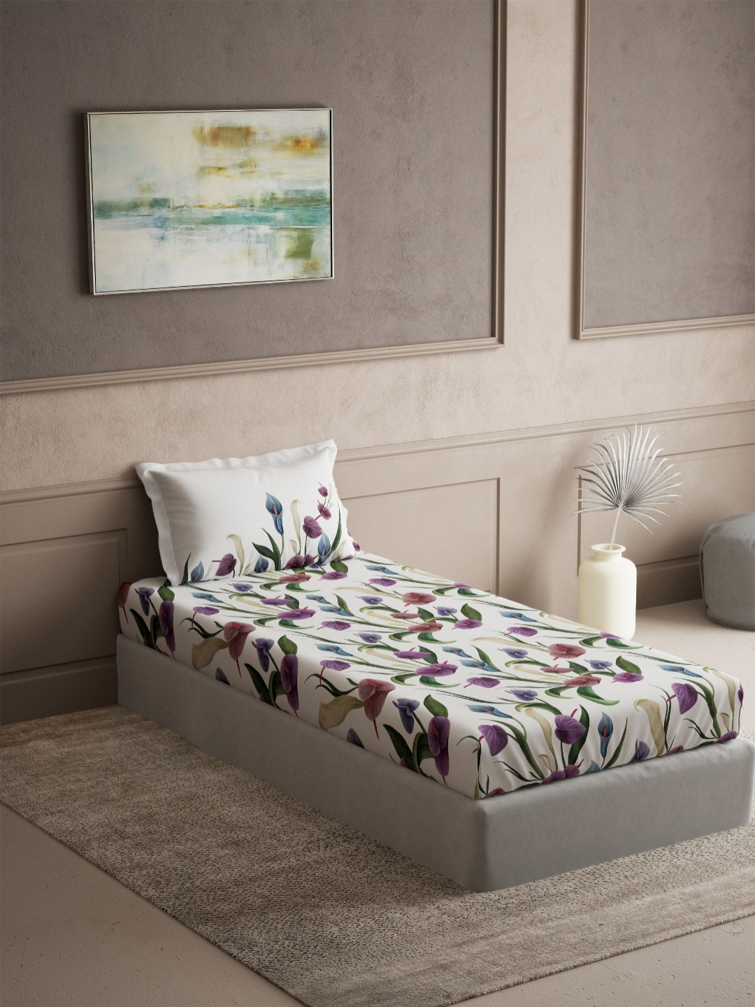 DDecor Radiance Purple Floral Pure Cotton 144 TC Single Bedsheet Set-1.52 m X 2.24 m