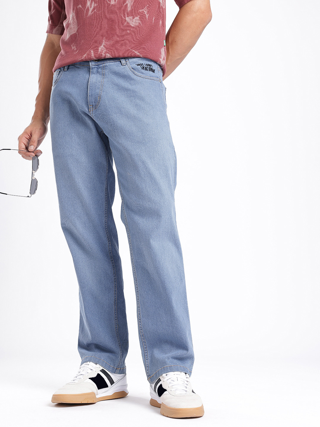 glitchez Men Straight Fit Light Fade Minimal Typography Embroidered Stretchable Jeans