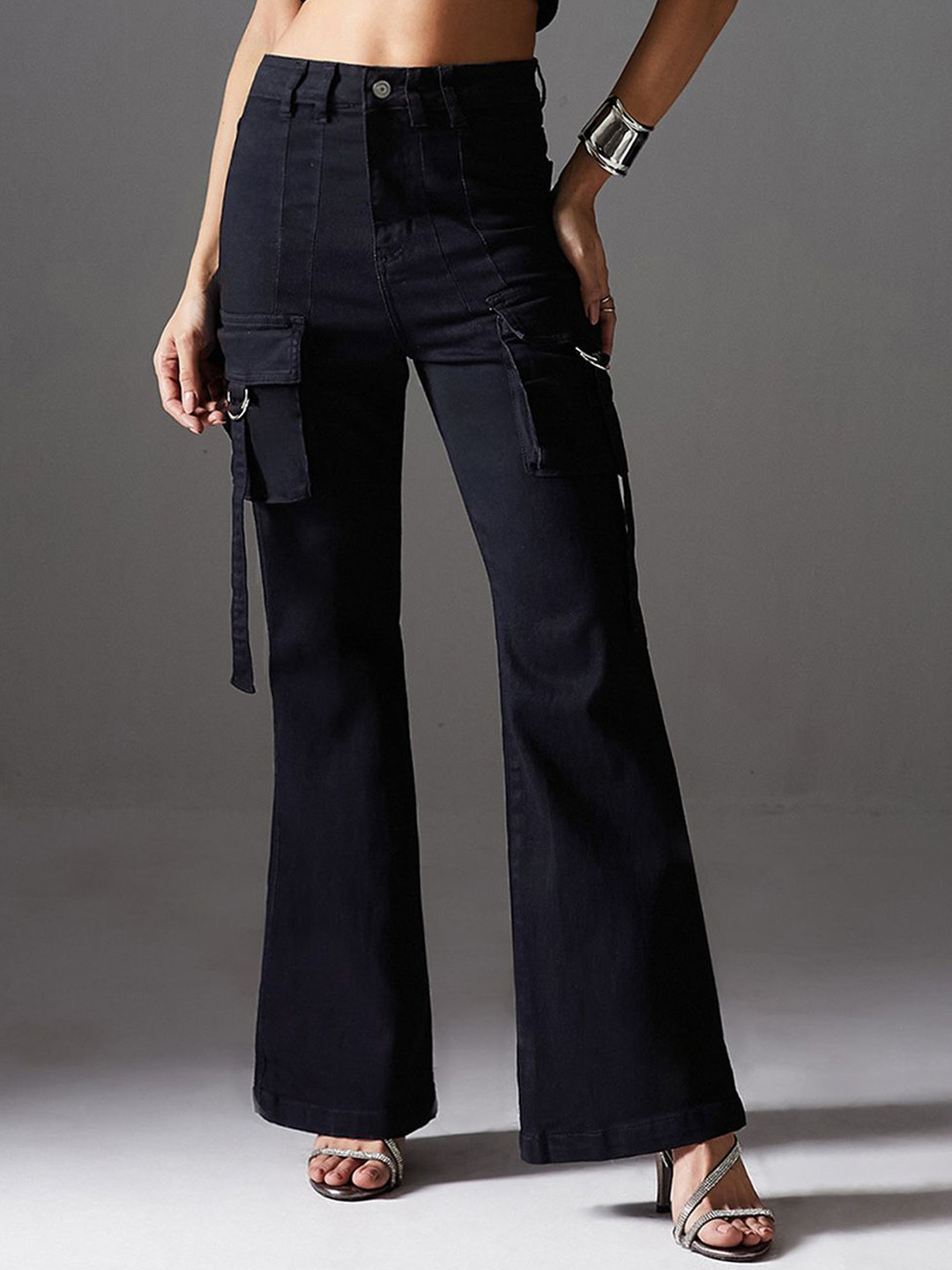 Miss Chase Women Bootcut High-Rise Stretchable Cargo Style Jeans