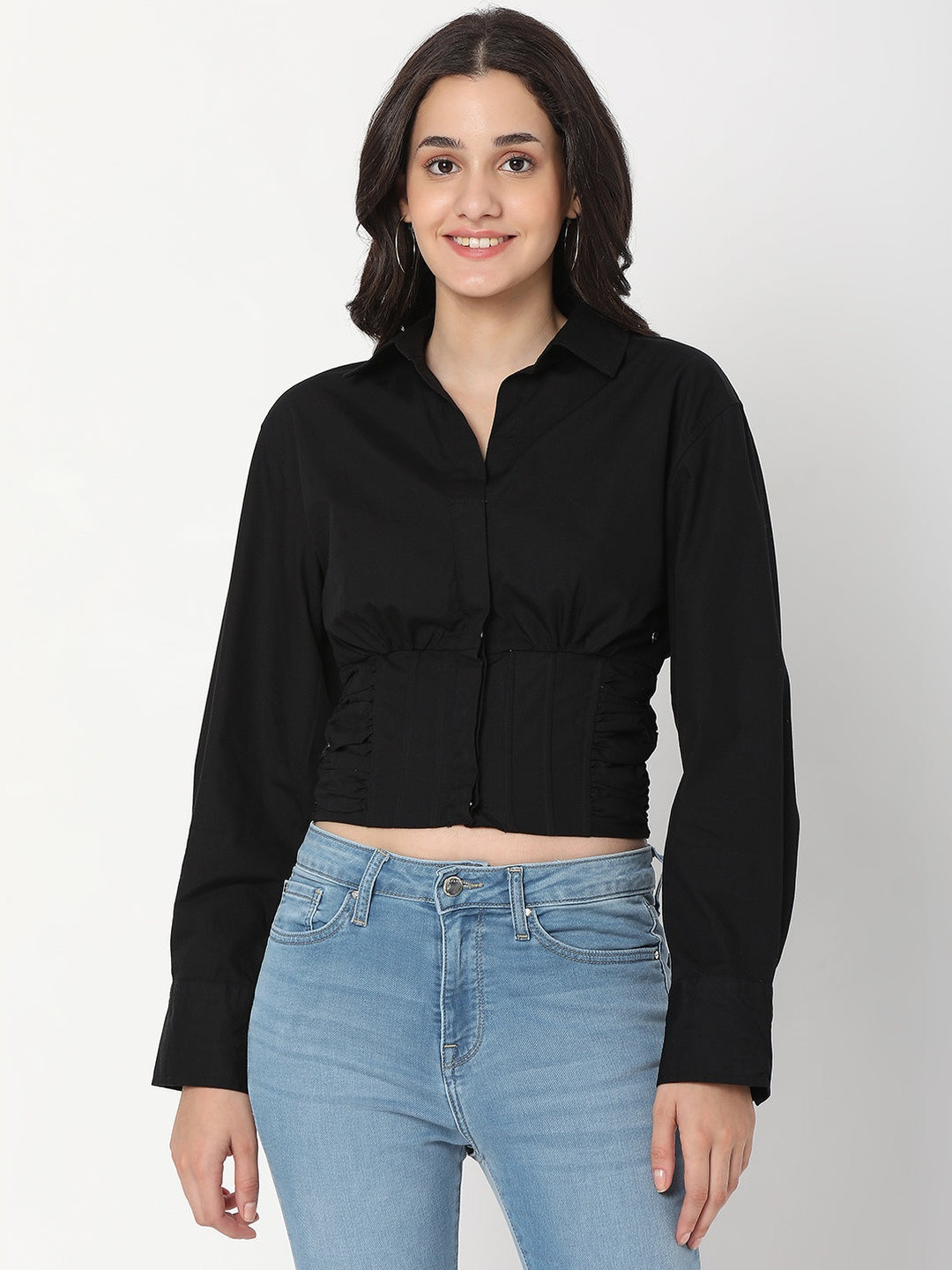 SPYKAR Women Solid Black Cotton Slim Fit Casual Shirt