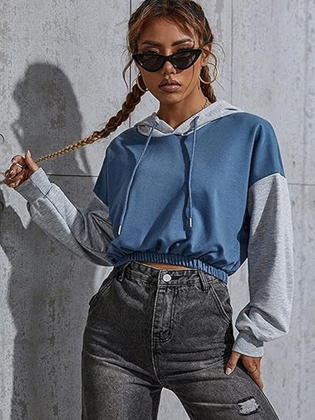 StyleCast Women Colourblocked Hooded Crop Top with Long Sleeves