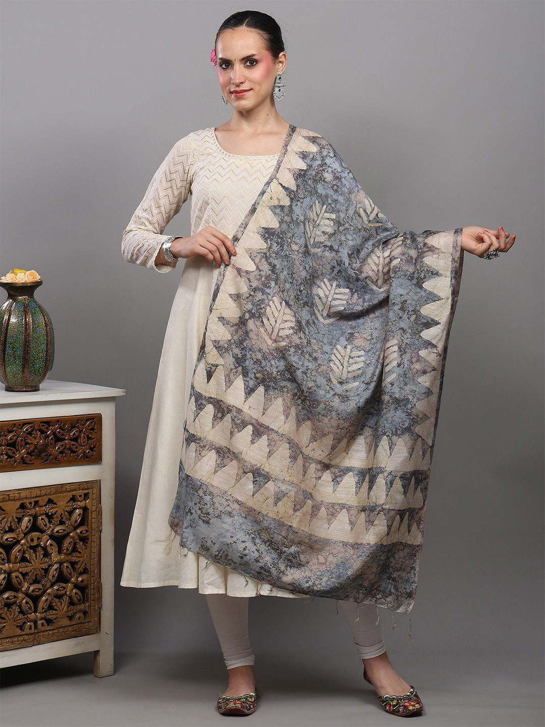 Exotic India Abstract Batik Dyed Cotton Silk Dupatta With Temple Border From Telangana