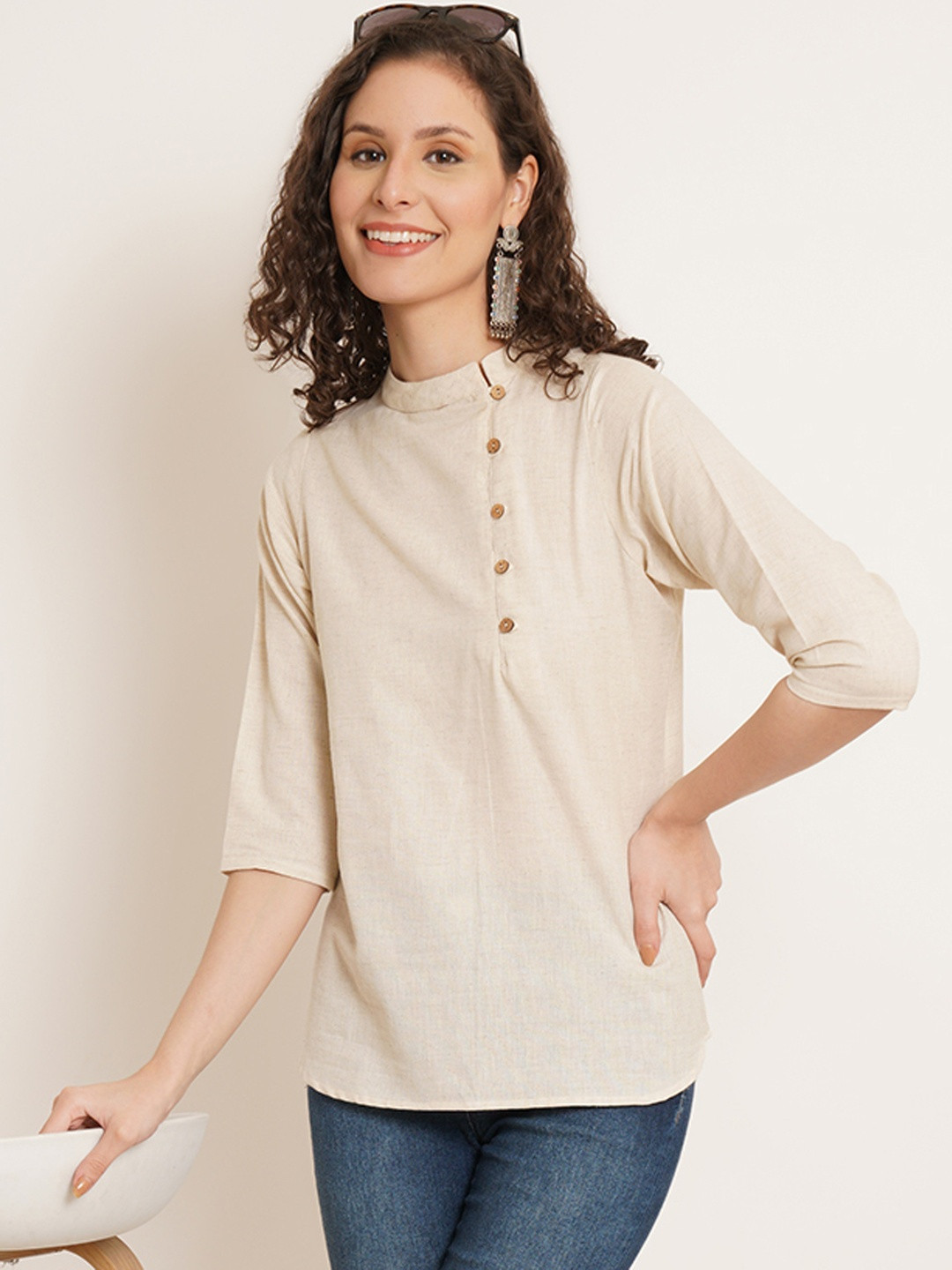 Diktmark Women Solid Mandarin Collar Cotton Shirt Style Top