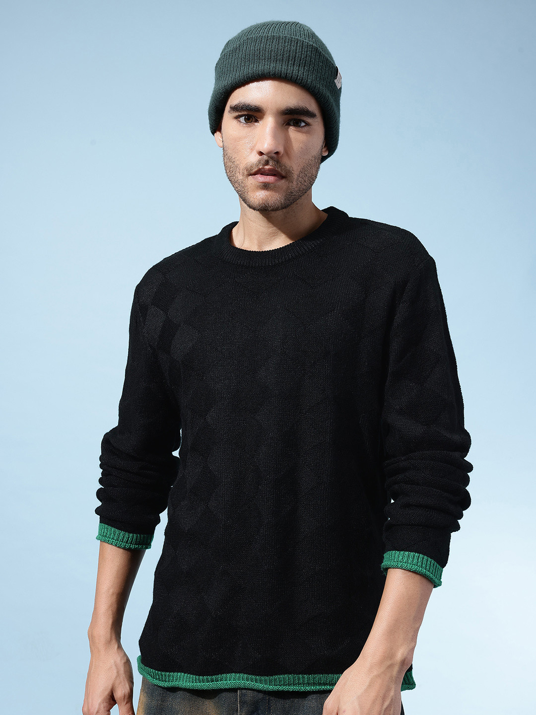 glitchez Self-Design Drop-Sleeves Acrylic Relaxed Fit Pullover with Contrasting Edges