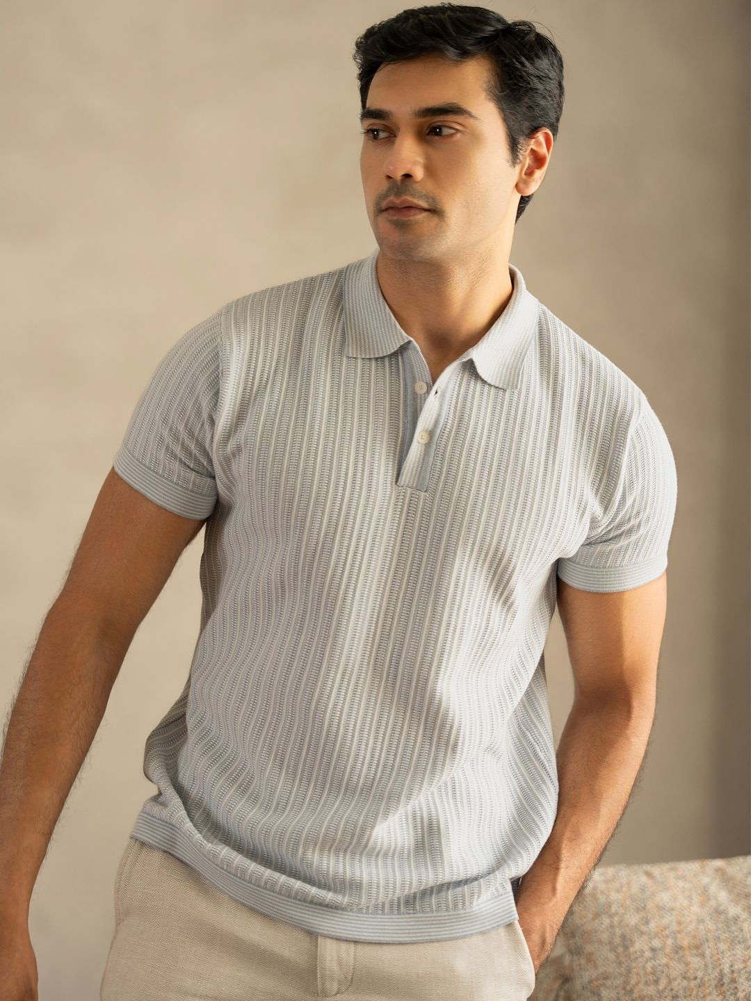 VELLURE Men Self Design Polo Collar Cotton T-shirt