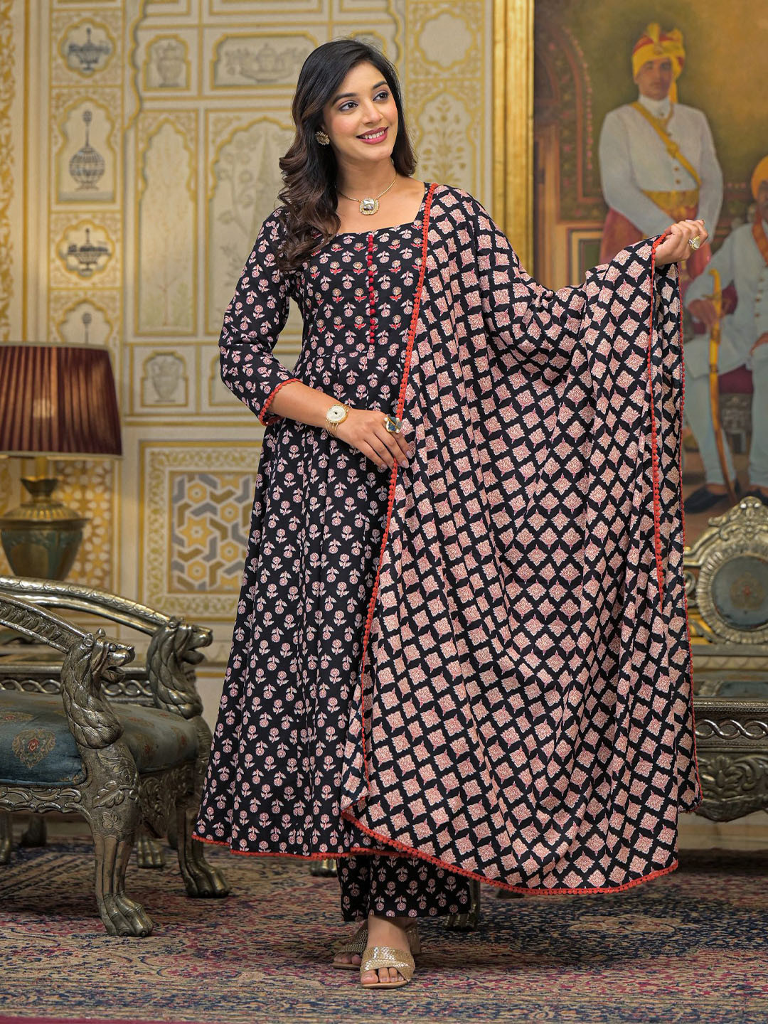Aavanya Black Cotton Bead & Stone Work Square Neck Anarkali Kurta & Palazzo With Dupatta