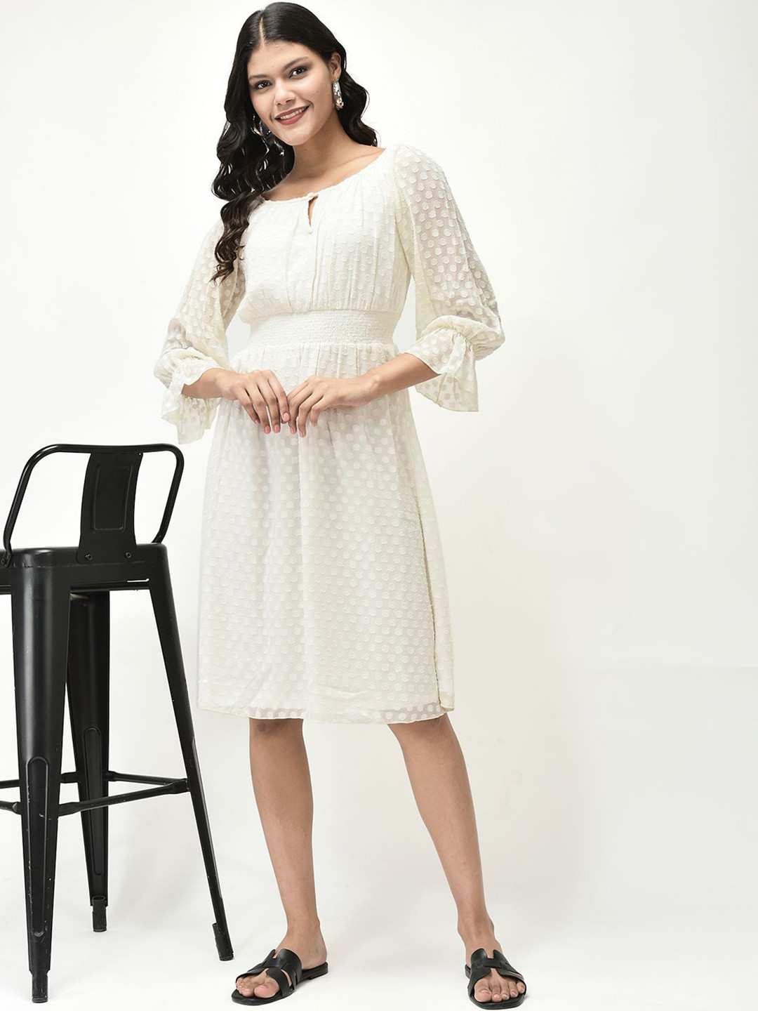 R.Code by The Roadster Life Co. Women Keyhole Neck Flared Sleeve Crepe Fit and Flare Dress