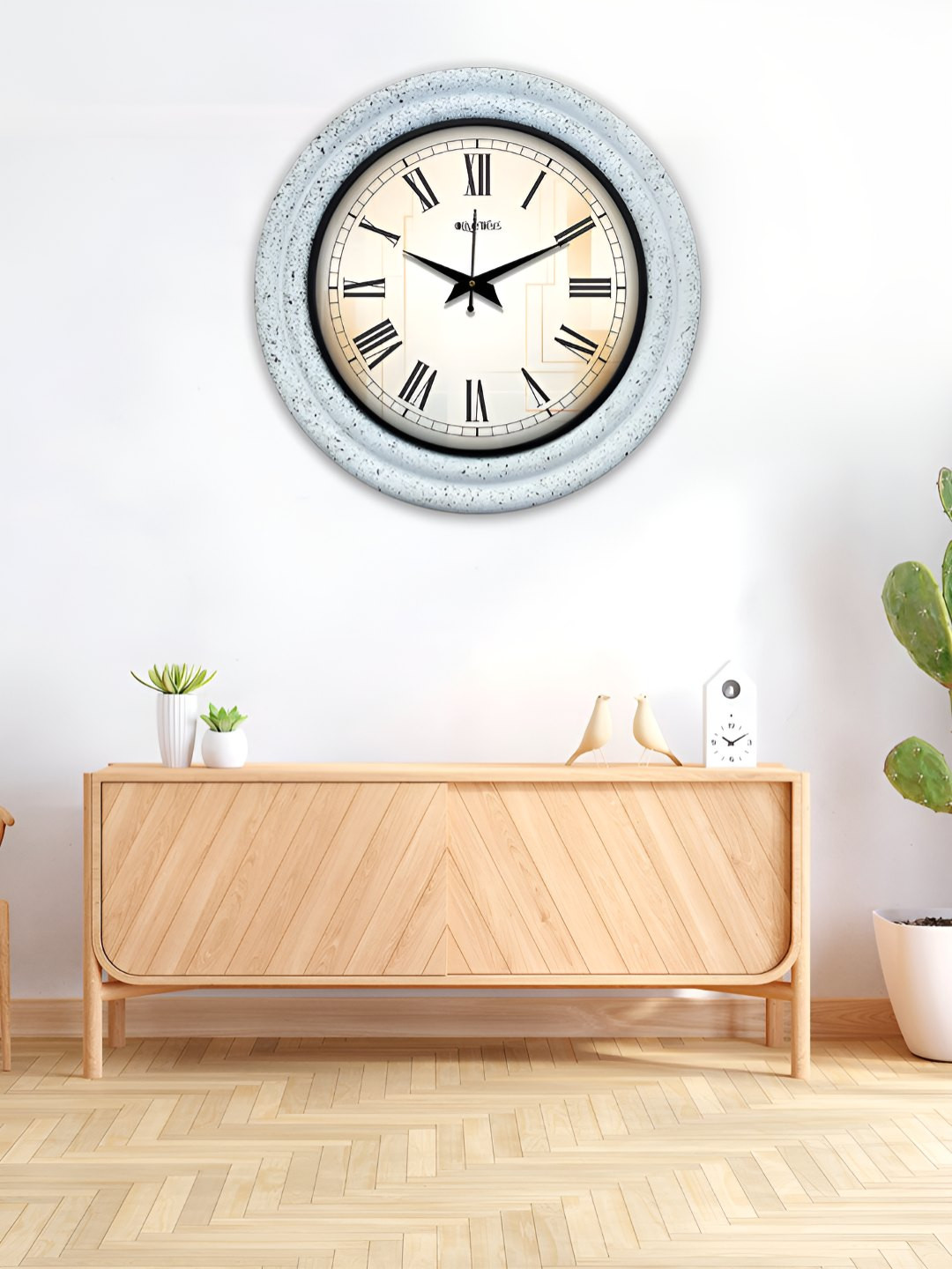 OLIVE TREE Blue & Cream Textured Round Wooden Analogue Wall Clock