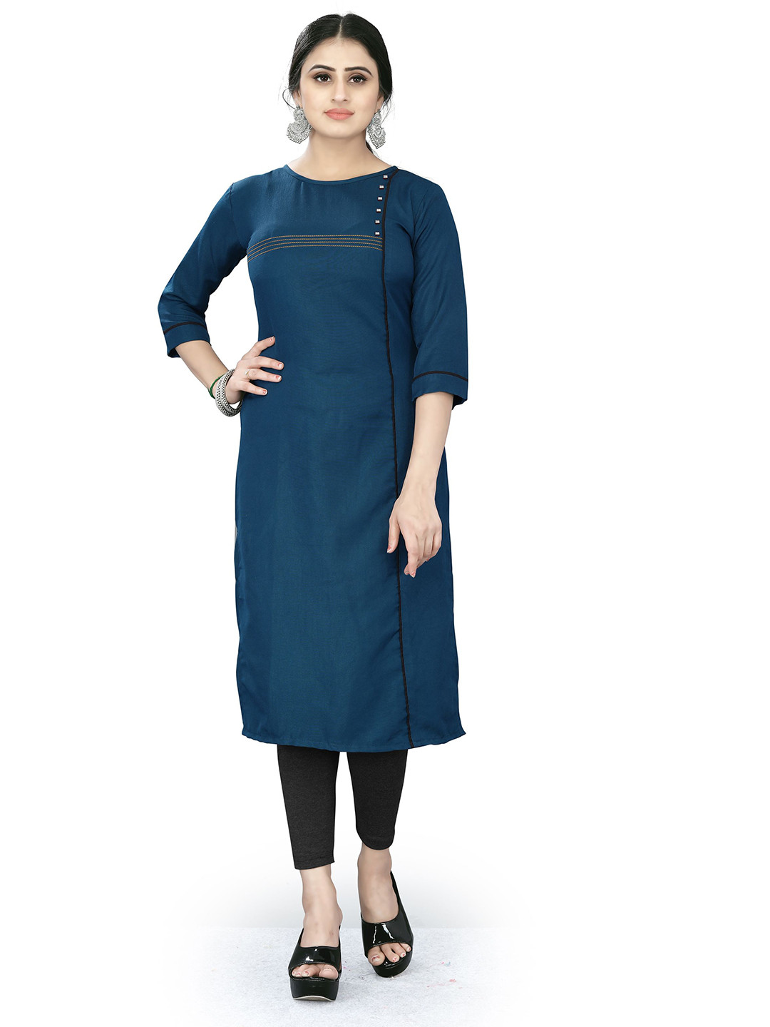 FERY LONDON Women Round Neck Thread Work Straight Kurta