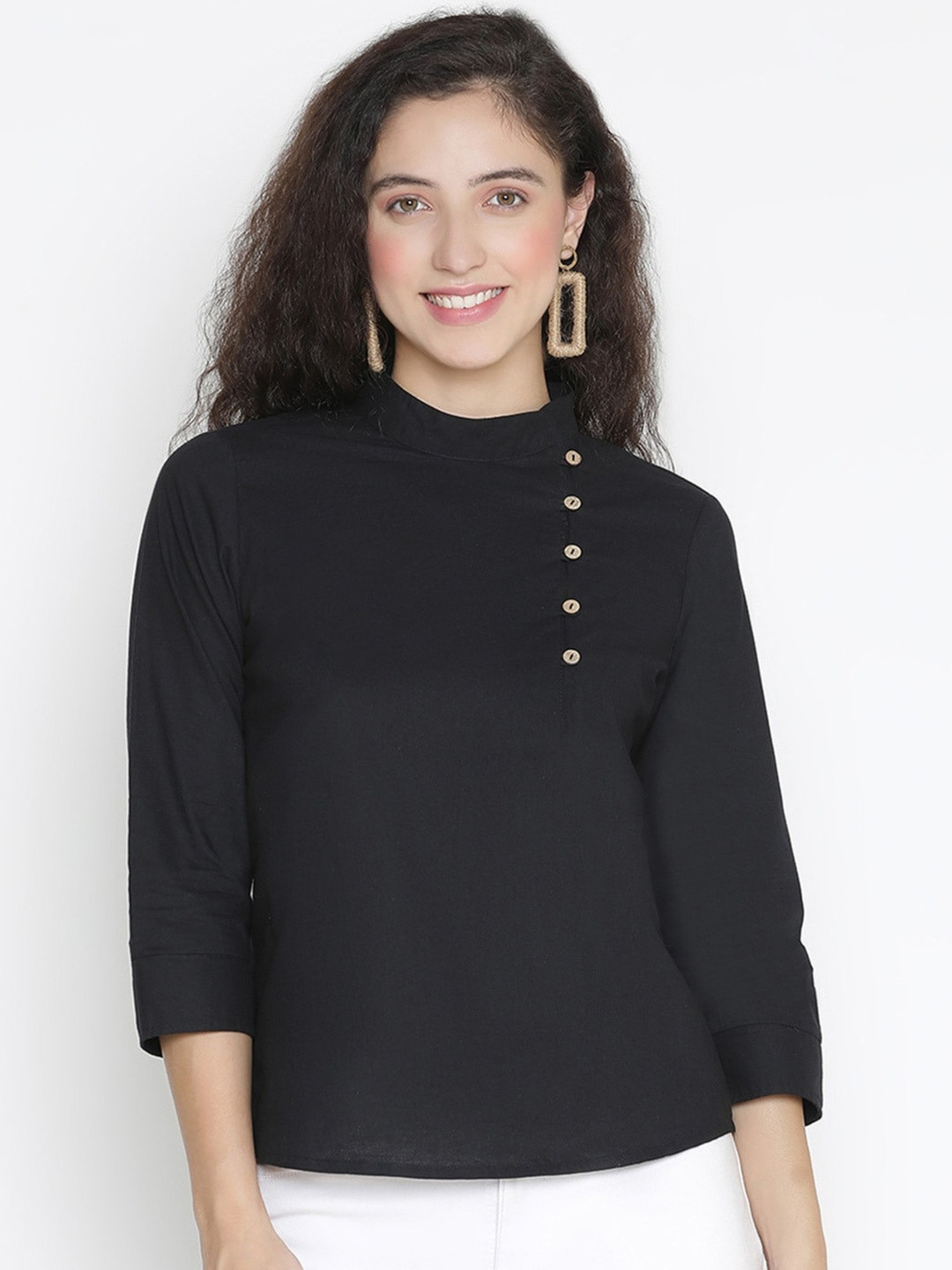 Diktmark Embroidered Mandarin Collar Cotton Shirt Style Top
