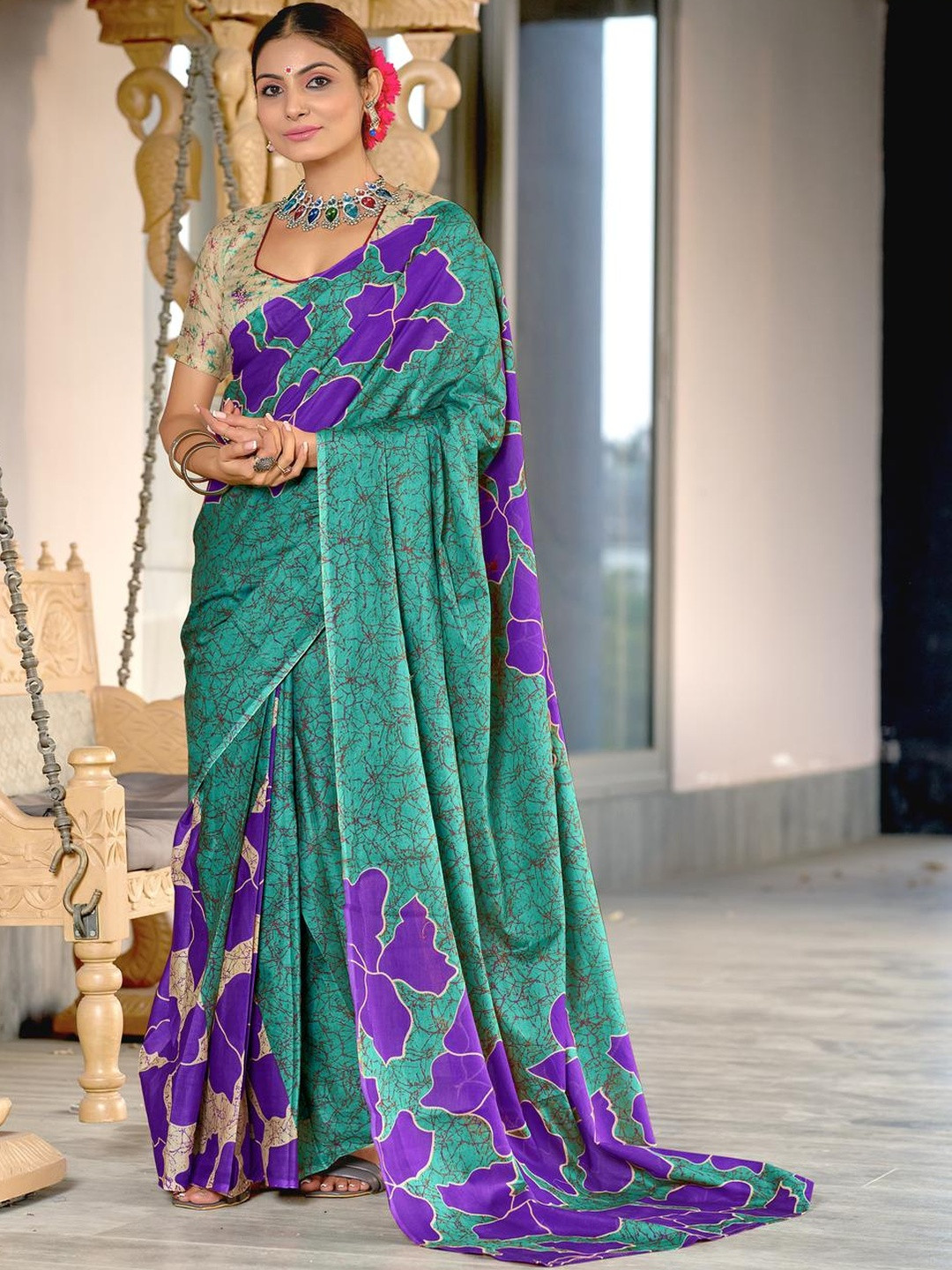 Suha Sea Green Pure Cotton Printed Block Print Sarees