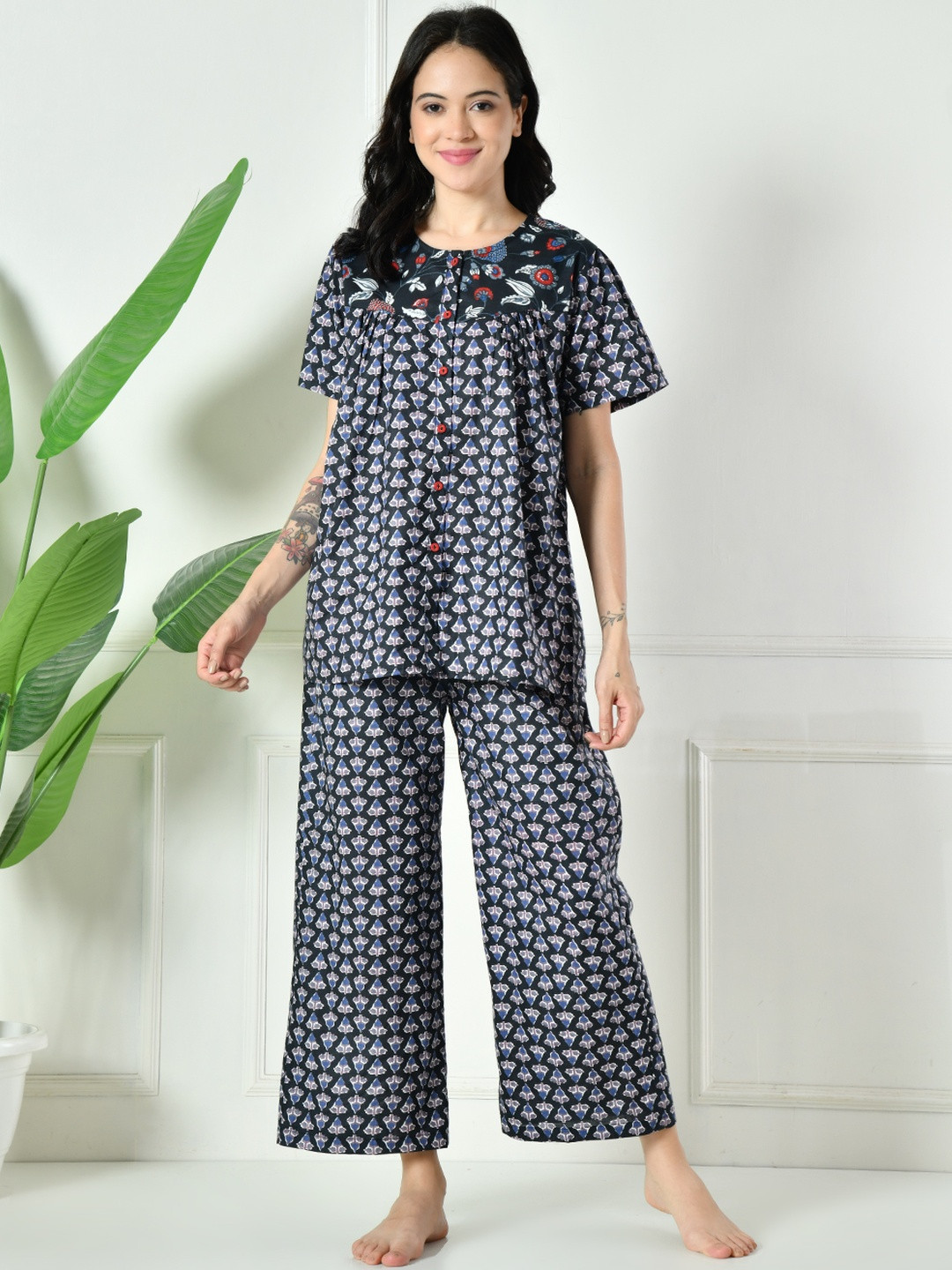 KALINI Women Black Pure Cotton Ethnic Printed Lounge Co-Ords Set