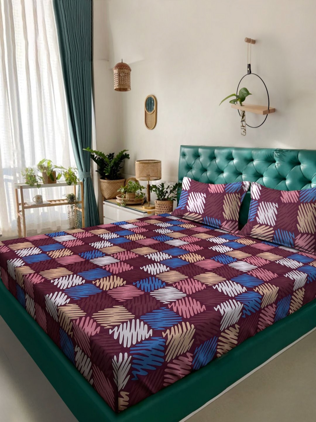Aura Maroon & Blue Geometric Printed 300 TC King Bedsheet Set 2.5 m x 2.25 m