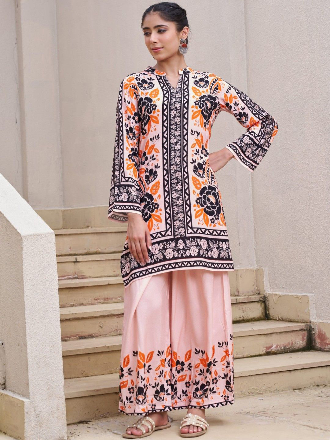 AUTUMN LANE Kabool Salmon Printed Mandarin Collar Tunic With Palazzo Co-Ords