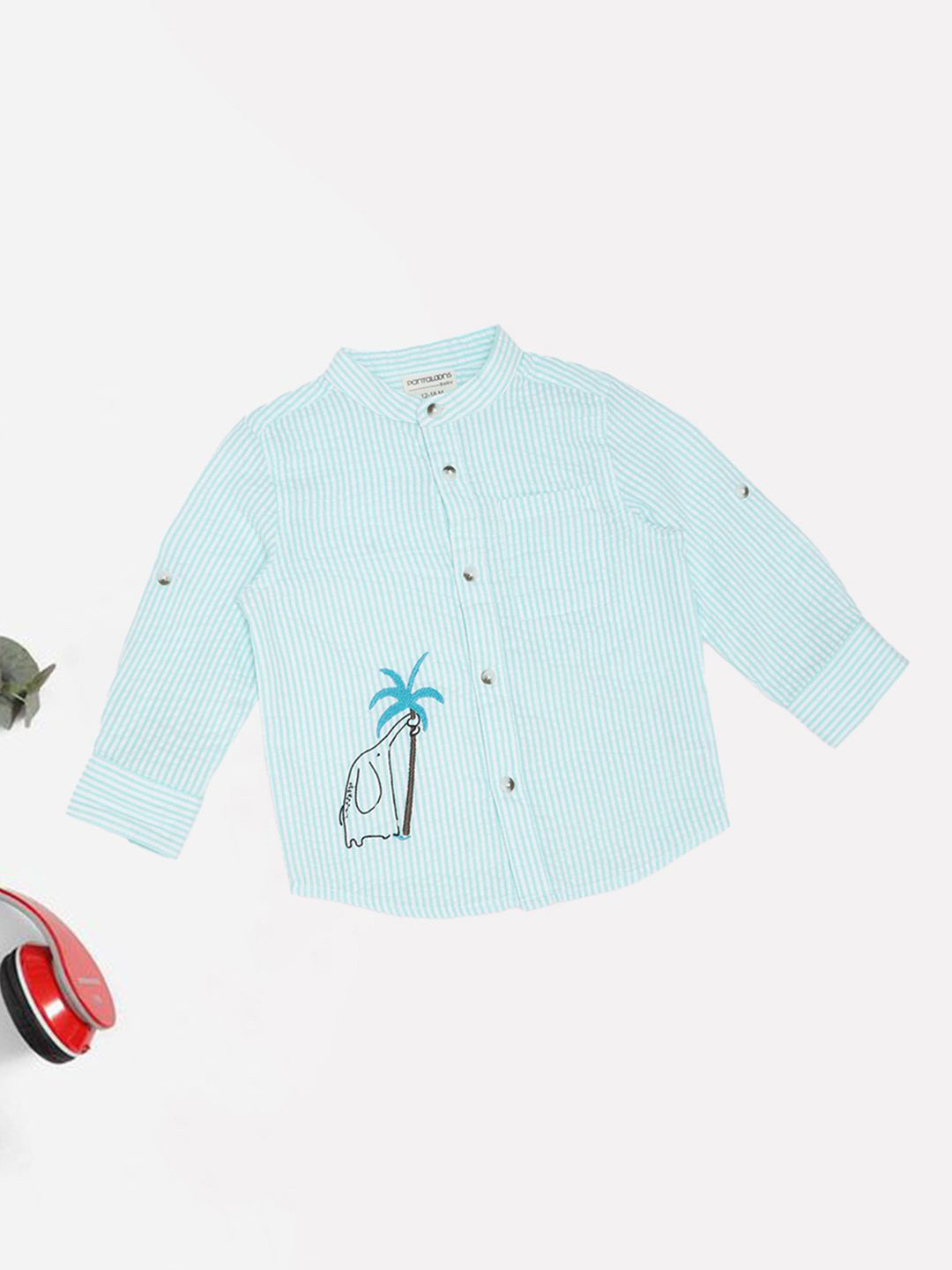 Pantaloons Baby Boys Vertical Striped Band Collar Pure Cotton Casual Shirt