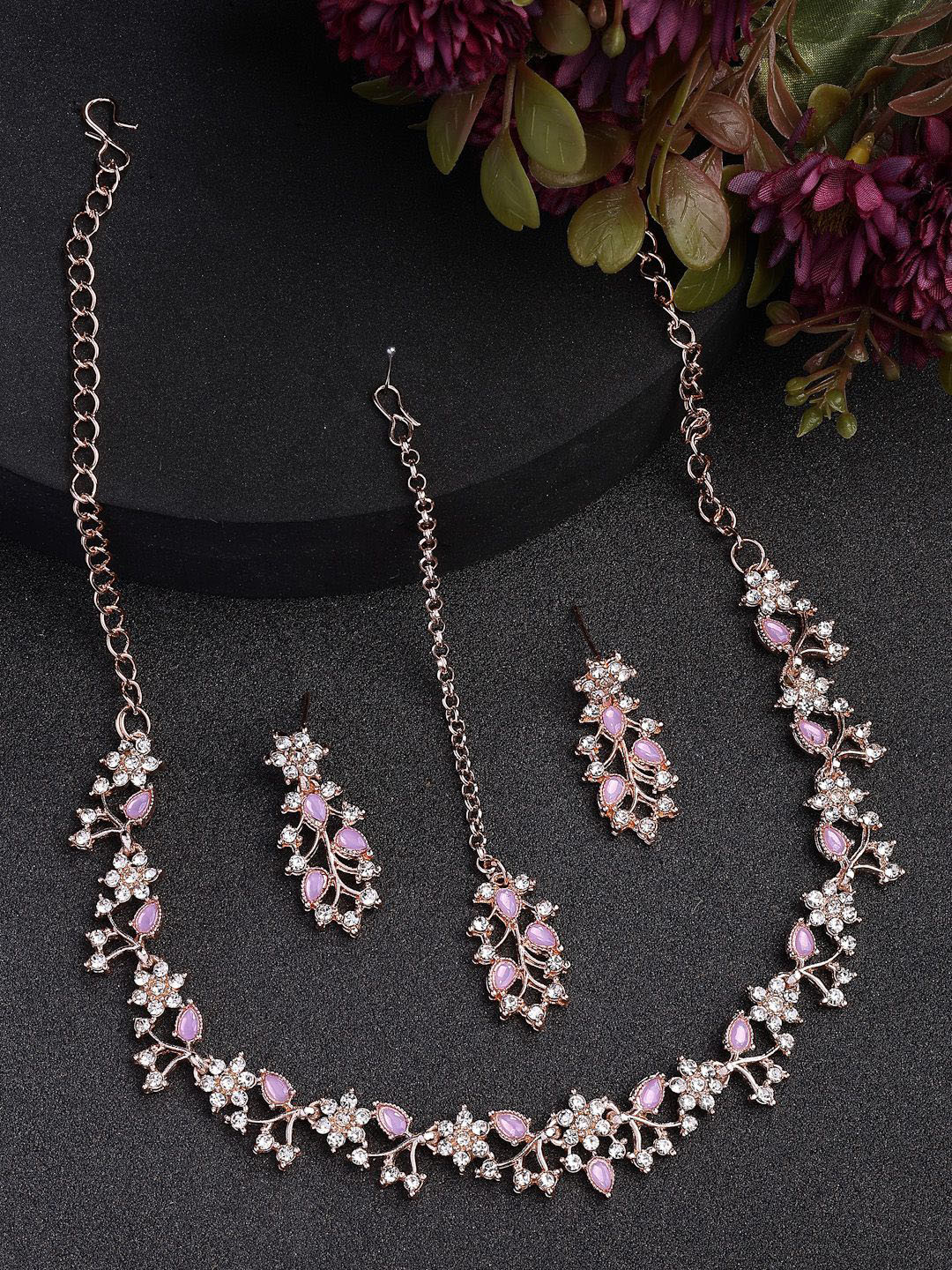 Sukkhi Rose Gold-Plated AD Studded Floral Choker Necklace & Earrings With Maang Tika