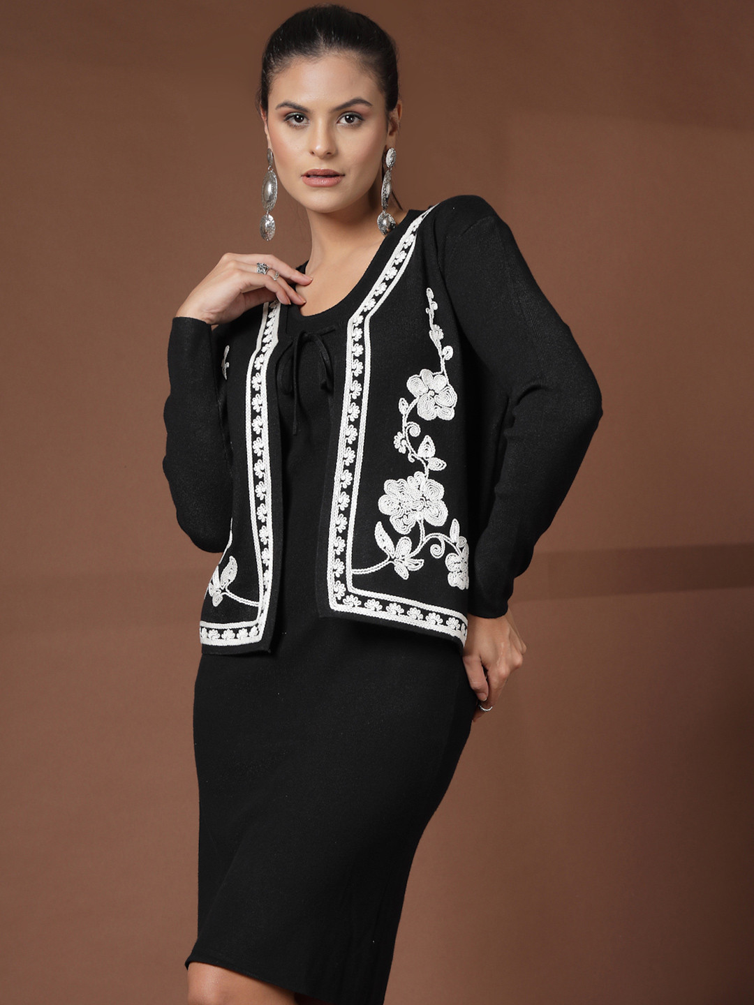 Mafadeny Scoop Neck Dress with Embroidered Floral Jacket
