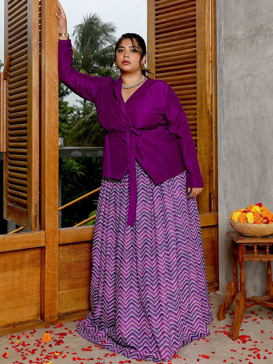 Instafab Plus Plus Size Lapel Collar Shirt With Chevron-Wrap Skirt