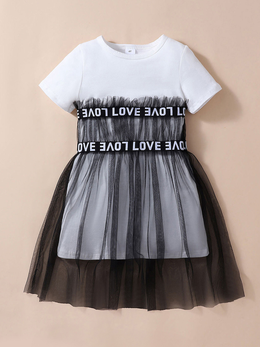 Hopscotch Girls White & Black Typography Printed Round Neck Cotton Tulle Dress